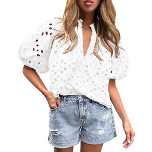 PRETTYGARDEN Women's Summer Tops 2025 Dressy Casual Short Sleeve V Neck Buttons Hollow Out Lace Embroidered Blouses Shirts (White,Small)