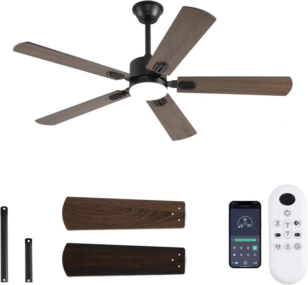 52-inch Modern Ceiling Fans with Lights APP/Remote Control, Low Profile Reversible 6 Speeds Dimmable Ceiling Fan Light for Indoor/Outdoor Bedroom Living RoomBrown