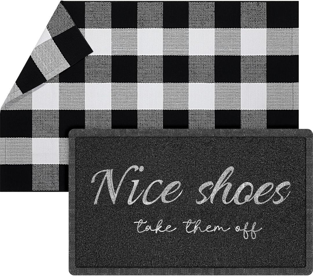 Geelin 2 Pcs Happy Place Doormat 30'' x 18'' Rustic Buffalo Outdoor Rug 43'' x 27.5'' Door Mats for Front Door Farmhouse Outdoor Doormats for Indoor Outside Entryway