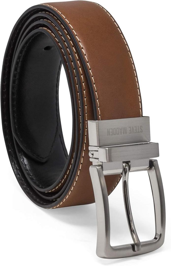 Steve Madden Men's Reversible Men's Dress Casual Every Day Leather Belt (40, Cognac/Black (Feather Edge))