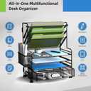 4-Tier Paper Organizer + 3-Pocket File Holder + Drawer + Pen Holders, Desktop File Organizers Paper Tray for Office Accessories School Classroom Organization (Black)