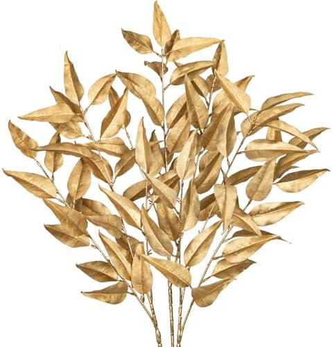 Hollyone 32” Christmas Tree Picks and Sprays 3Pcs Gold Artificial Eucalyptus Stems Eucalyptus Leaves Branches Fake Gold Leaf Floral for Vase DIY Xmas Tree Garland Wreath Centerpieces Wedding Decor