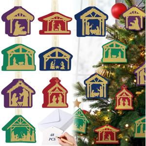 48 Set Mini Nativity Scene Religious Christmas Cards Bulk with Envelopes and Hanging Rope Unique Shaped Xmas Tree Ornament Greeting Cards Decoration for Christmas Holiday Party Supplies