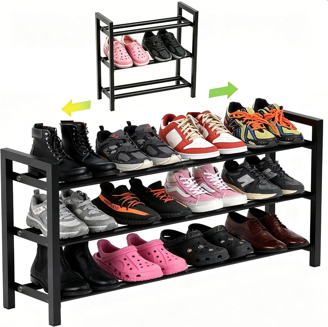 Expandable 3-Tier Metal Shoe Rack, Black Freestanding Storage Organizer