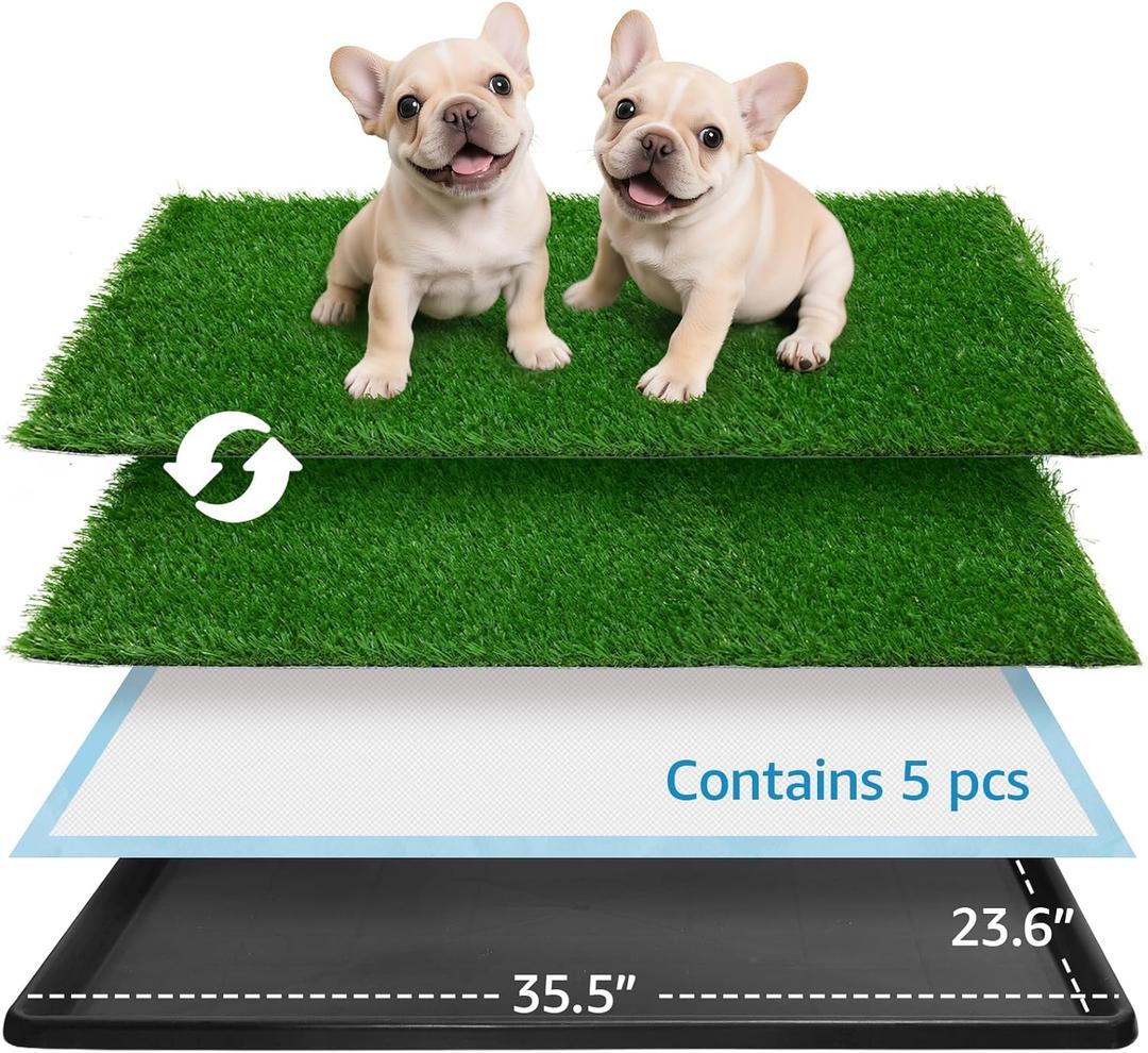 Grass Pad for Dogs Potty: 35.5 x 23.6 Indoor Dog Grass Pad with Tray 2 Pcs Replacement Artificial Grass Mats-5 Pics Disposable Puppy Pads for Puppy Training Apartment,Balcony & Apartment Use