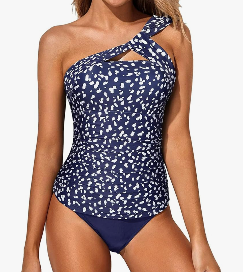 Tempt Me Two Piece Tankini Bathing Suits for Women One Shoulder Swim Top with Bottom Swimsuits, XL