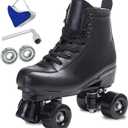 SCNUT Skates Women's Men's High Top Black PU Leather Classic Double Row Adjustable Outdoor Indoor Quad Skates and Roller Derby (Black Wheel, 45-Women's 11 / Men's 10)