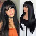 Black Wig with Bangs Long Straight Black Wig for Women 26 Inches Long Synthetic Wigs Black Straight Cosplay Wig Layered Black Natural Looking Hair Replacements Wigs for Girls Daily Party Costume Use