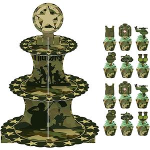 Military Camouflage Cupcake Stand Set 3-Tier Green Camouflage Cardboard Cup cake Stand Tower Cupcake Wrappers and Cake Toppers for Army Themed Party Veterans Day Boys Camo Birthday Party Decor