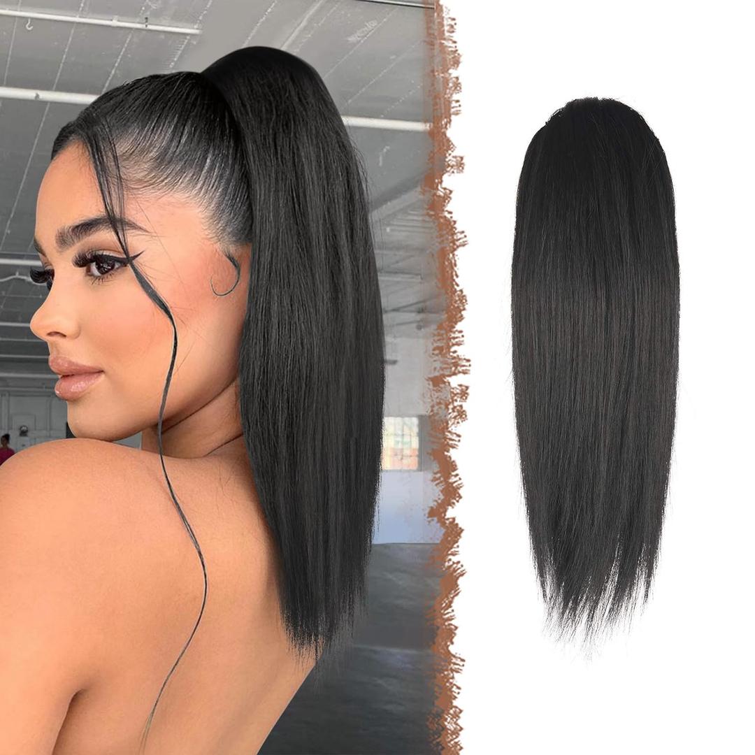FESHFEN Straight Ponytail Extensions Long Drawstring Natural Synthetic Pony Tail Hair Pieces Clip in Ponytails Hairpieces for Women, Natural Black 12 inch
