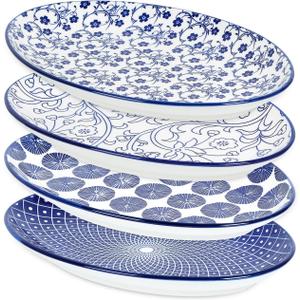 Selamica Serving Platters Ceramic, 12 Inch Serving Dishes for Party Entertaining, Oval Serving Plates for Sandwich, Appetizer, Fruit, Microwave Dishwasher Safe, Set of 4, Vintage Blue