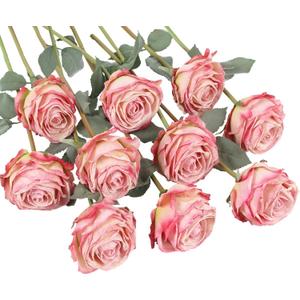 10PCS Hot Pink Roses Artificial Flowers Realistic Fake Flowers Silk Roses with Long Stems for DIY Wedding Bouquet Table Centerpiece Home Party Decor(Hot Pink)