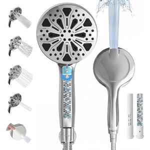 High Pressure Handheld Shower Head, 5" Large 10-Mode Filtered Showerhead with 59" Stainless Steel Hose, Hard Water Filter, Detachable Sprayer for Bathroom, Tile Cleaning & Pet Bathing(Premium Chrome)