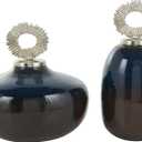 Deco 79 Metal Living Room Decorative Jars Ombre Decorative Container with Brown Accents and Silver Ring Handles, Set of 2 Jar with Lid 11", 13"H, Blue