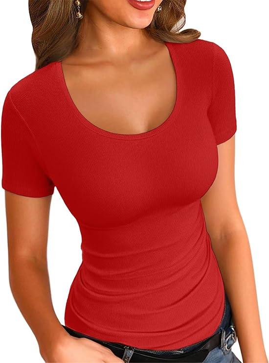 VICHYIE Summer Women's Scoop Neck Short Sleeve Shirts Ribbed Slim Fitted Casual Basic Top Blouses, XL VICHYIE Summer Women's Scoop Neck Short Sleeve Shirts Ribbed Slim Fitted Casual Basic Top Blouses, XL