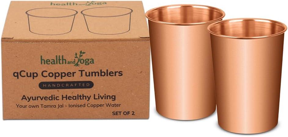 HealthAndYoga qCup Pure Copper Tumblers for Drinking - Ayurvedic Health Pure Copper Cups 2 pcs. set - 250 ml.(8 fl oz) (Plain)