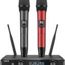 TONOR Wireless Microphone Systems, Dual 2x15 adjustbale UHF Channels Micro Kit, Metal Handheld Dynamic Singing Mic 200ft with Receiver for Karaoke, DJ Party, Church, Wedding, Speech, PA TW450 Grey&Red