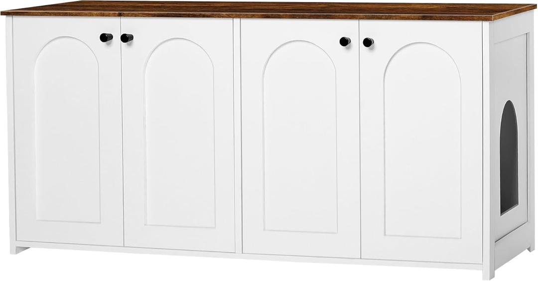 Dwanton Litter Box Enclosure for 2 Cats, Wooden Cat House with Hidden Litter Box, Dual Rooms, TV Stand, White+Rustic Brown