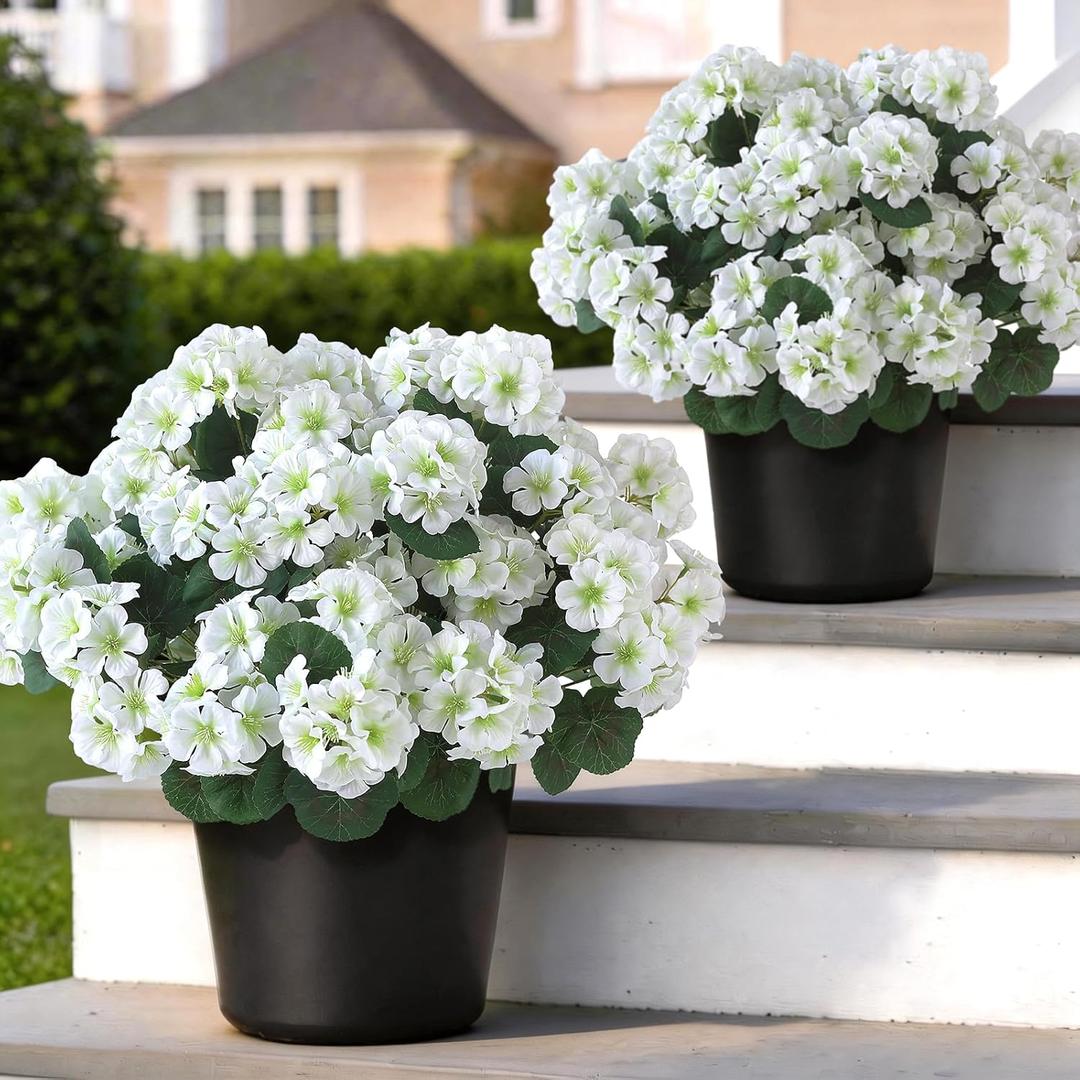 2 Pack Artificial Geranium Flowers Topitary Trees for Outdoors, UV Resistant Geraniums Potted Bushes Look Real Silk Faux Plants for Front Door Garden Porch Planter Farmhouse Home Decor (White)