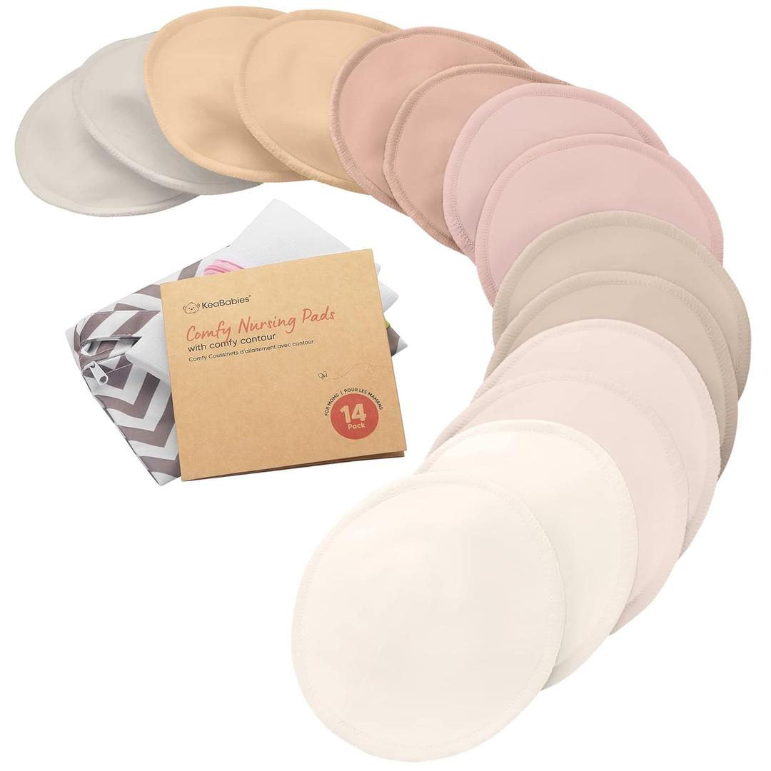 Organic Nursing Pads - 14 Washable Breast Pads for Breastfeeding, Wash Bag, Viscose Derived from Bamboo Reusable Nipple Covers for Breastfeeding Essentials, Soft & Absorbent (Neutrals, M 3.9")