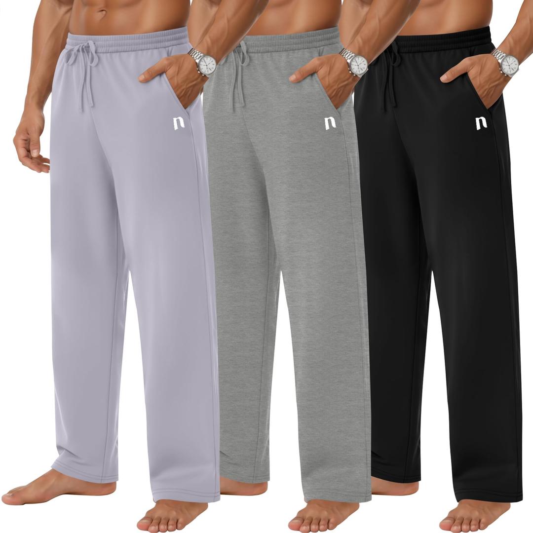 Neer 2 Pack Men's Wide Leg Pants Lightweight Sweatpants Lounge Loose Fit Casual Open Bottom Drawstring Pajama with Pockets, XL