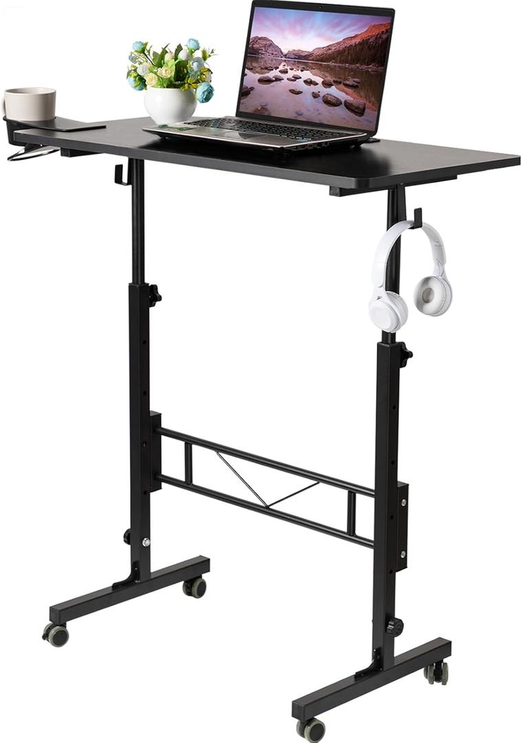 SIDUCAL Standing Desk Adjustable Height, Small Mobile Table with Wheels, Rolling Desk for Standing or Sitting, Portable Computer Desk for Walking Pad, Black (Standard)