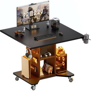 Pamray Small Rolling Gaming Desk with Led Lights Power Outlets and Storage Pegboard, Small Spaces Compact PC Computer Table Balck, 32 inch
