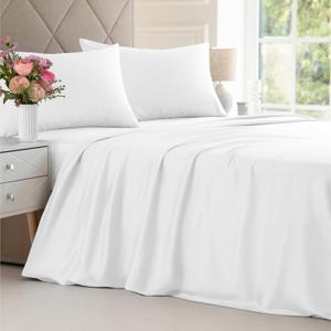 Bamboo Sheets Queen Size - Cooling Sheets for Queen - 100% Rayon Derived from Bamboo - Ultra Soft, Breathable & Hotel Luxury Bedding - 1 Flat & 1 Fitted & 2 Pillowcases w/ 16 Inch Deep Pockets - White (01 - White)