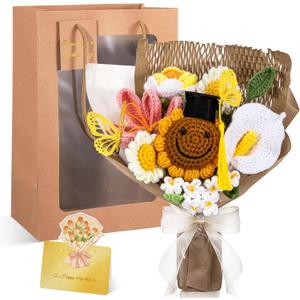 Retrowavy Graduation Crochet Flower Bouquet with Gift Box Bag and Card, Crochet Flowers Handmade Pink Tulips Sunflowers Bouquet Graduation Gifts for Women Friends Grad(Yellow, Grad)