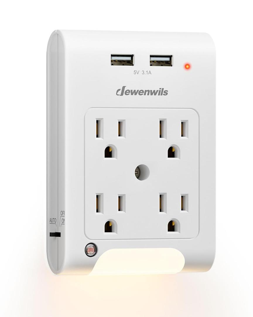 DEWENWILS 4-Outlet Extender, Wall Outlet Adapter with 2 USB Ports(3.1A Total), Light Sensor Night Light, 1080 Joules Surge Protector, ETL Listed
