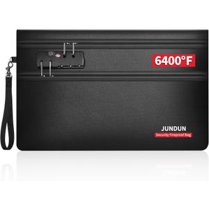 JUNDUN Fireproof Money Bag with Lock(11" x 7.5"), 6400 Fireproof Bag for Cash with 12 Layers Heat Insulated, Dual Zipper Fire Safe Pouch for Important Valuables with Passports, Jewellery (Black)