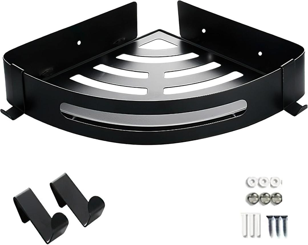 COVRA Wall-Mounted Corner Shelf, Single Pack, Bathroom Tray Organizer with 2 Hooks, Ideal for Bedroom, Living Room, Bathroom, and Kitchen (Black)