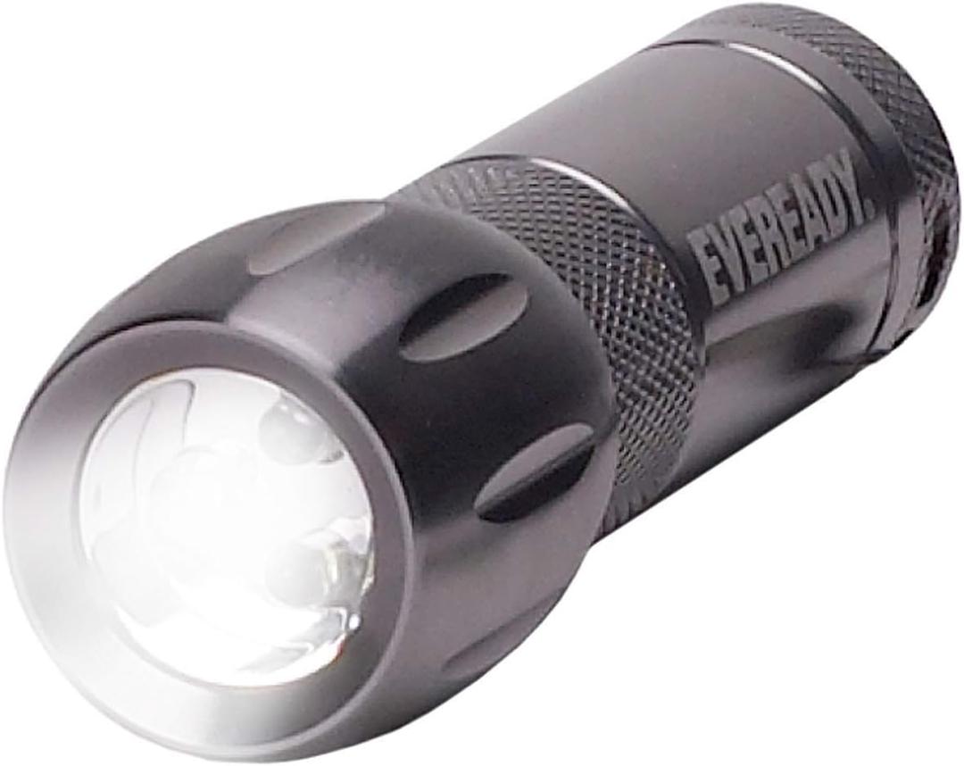Eveready Compact LED Metal Flashlight Water Resistant, Includes 3 Super Heavy Duty AAA Batteries, 21 Lumens, Black