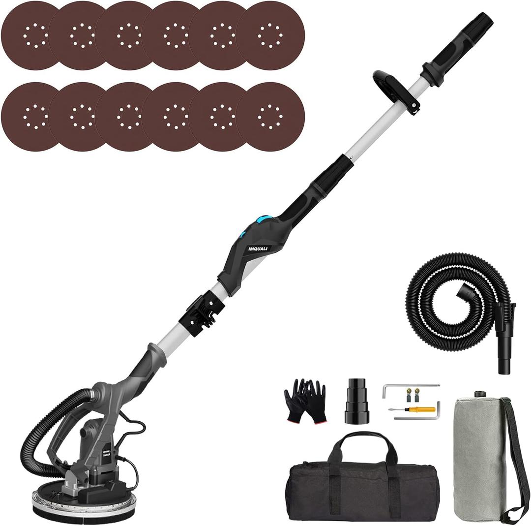 Drywall Sander with Vacuum, IMQUALI® 9.5A 1050W Electric Sander Tool with Variable Speed 600-2600RPM, Popcorn Ceiling Removal Tool with Extendable Handle, LED Light, 12pcs Sanding Discs, Black, IMQ919