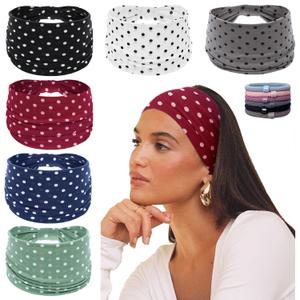 KU Wide Headbands for Women Non Slip 6 Pack Soft Elastic Hair Bands Sports Yoga Running Gym Workout Knotted Head Wraps, Cotton Cloth African Turbans Solid Color-With 6 Pcs Hair Ties (Black)