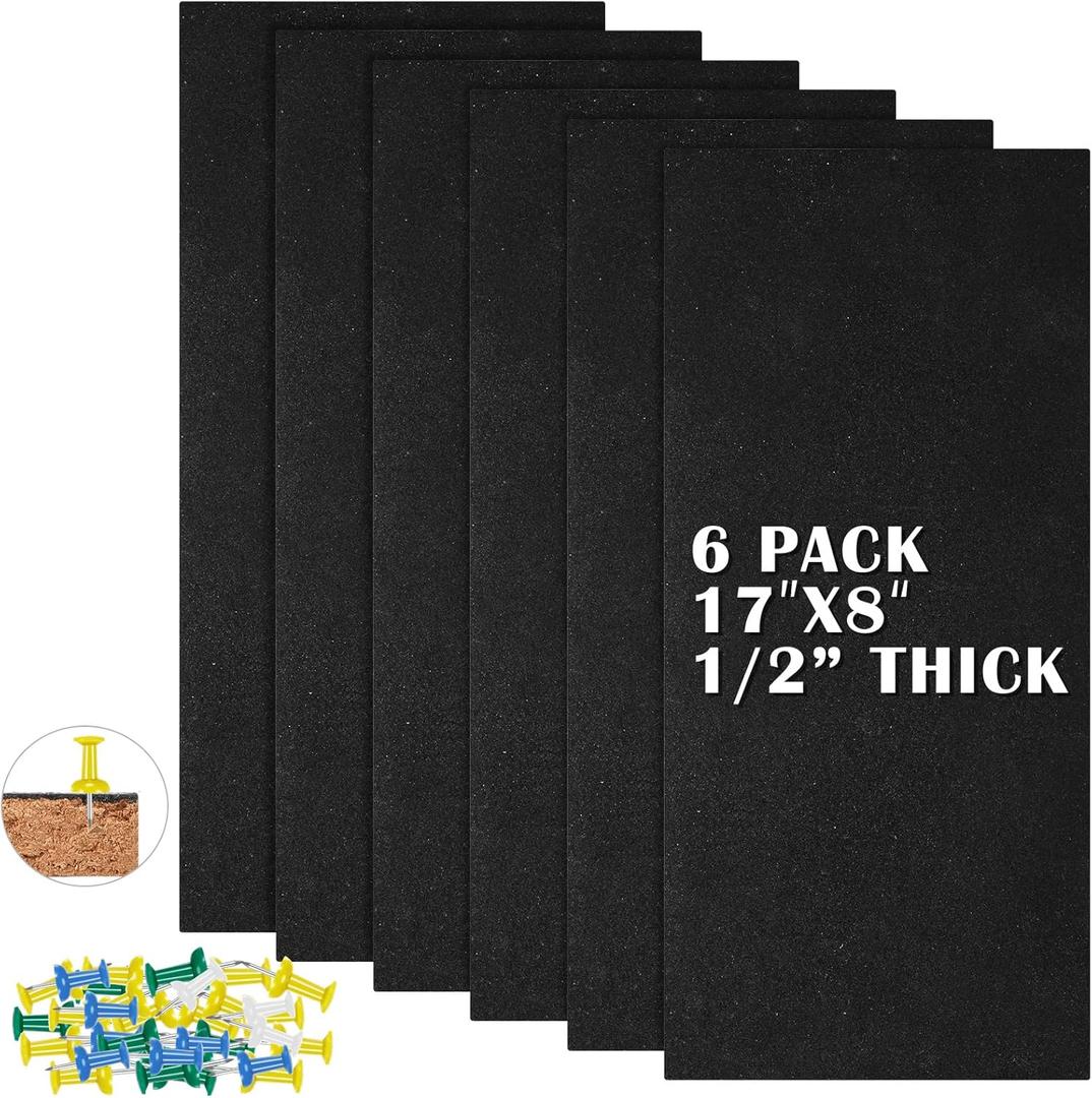Qunclay 6 Pack Black Cork Board Tiles 17 x 8 Inch Self Adhesive 1/2'' Thick Cork Board Bulletin Memo Boards Pin Boards for Walls Office Home with a Box of Push Pins