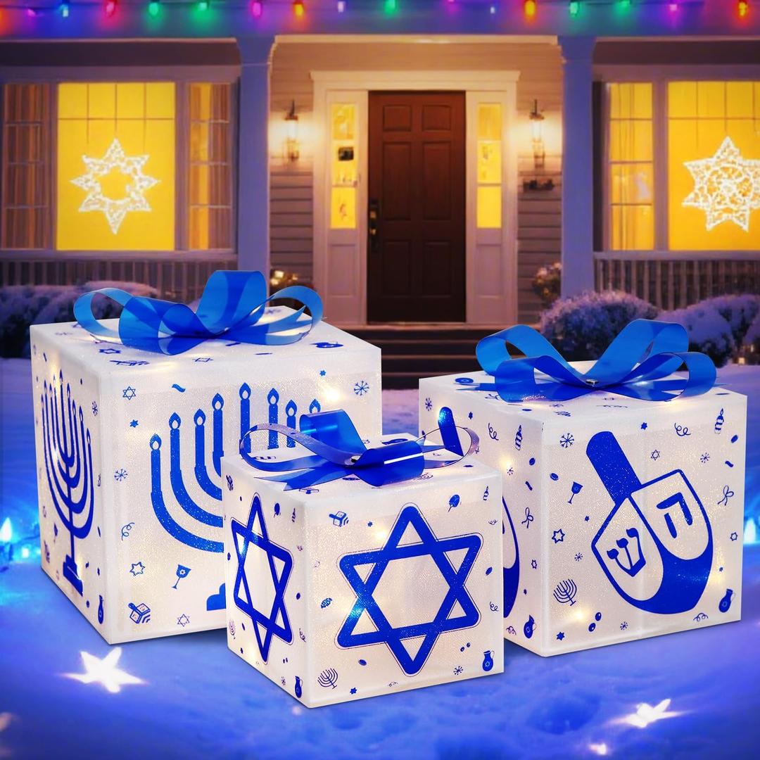 Domkom Set of 3 Hanukkah Lighted Gift Boxes,60 Led Light Up Present Box Decorations with Dreidel Menorah, White and Blue Chanukah Gift Boxes for Christmas Tree Indoor Outdoor Holiday Decor