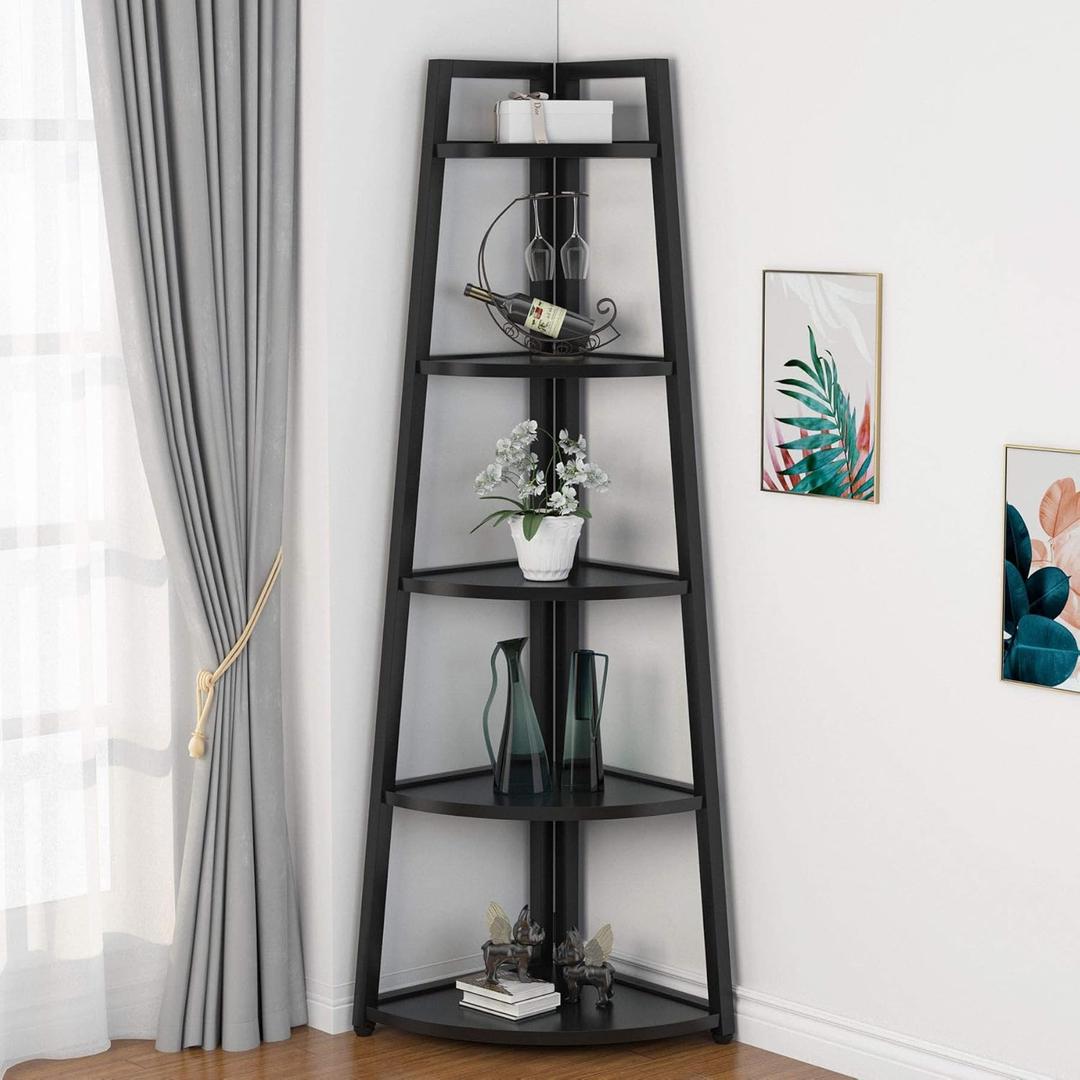 Tribesigns 70 inch Tall Corner Shelf, 5 Tier Modern Corner Bookshelf Bookcase Industrial Corner Ladder Shelf Plant Stand for Living Room, Kitchen, Home Office (Black) (Large)