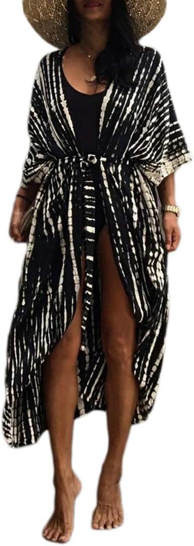 Bsubseach Stylish Tie Dye Open Front Long Kimono Swimsuit Cover Up for Women Swimwear Cover Ups (Black Tie Dye, One Size)