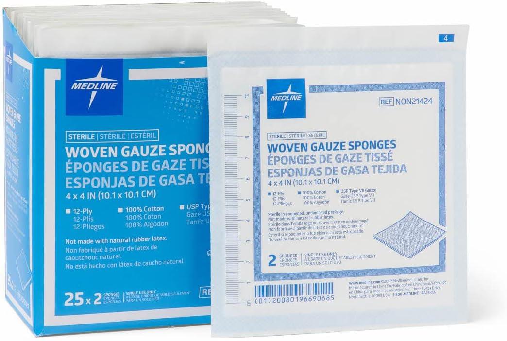 Medline Woven Gauze Sponges, Sterile, 12-Ply, 4 x 4 Inches, Box of 25 x 2