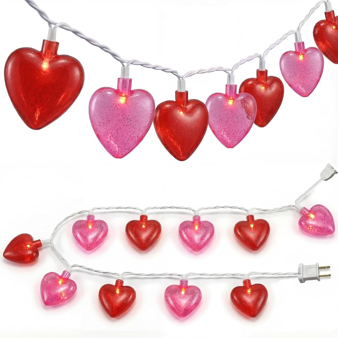 SUNSGNE Heart String Lights, 8.5Ft Valentines Lights with 10 LED Red and Pink Heart Bulbs for Indoor Outdoor Home Room Party Wedding Mother's Day Valentine's Decor