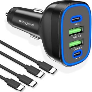 90W 4 in 1 USB C Super Fast Car Charger for iPhone 17 Pro Max/Air/16/15/iPad, Samsung S25, Pixel Android Phone, Dual 45W Type C & QC3.0, 12V Multi Port Cigarette Lighter Adapter + 2 USBC Cord 3.3ft