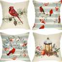 Winter Vibes Cardinal Red Birds Decorative Throw Pillow Cover 18x18 Set of 4, Berry Wreath Pine Cones Kerosene Lamp Home Christmas Decoration, Snow Farmhouse Cushion Case for Sofa Couch Decors