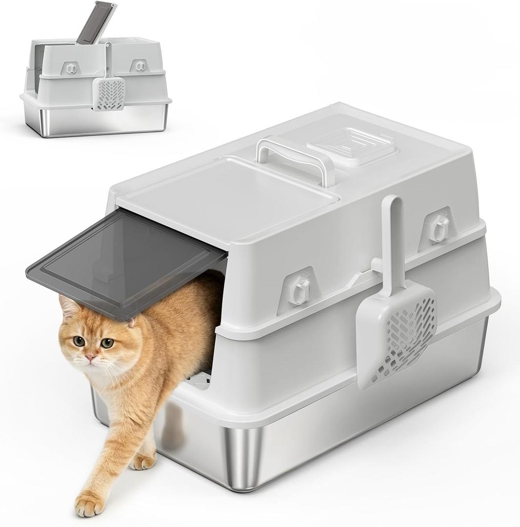 Stainless Steel Litter Box with Lid, Heavy Duty Extra Large Enclosed Metal Cat Litter Pan, Built-in Carry Handle & 120 Flip-Top for Easy Clean, Leak-Proof with Cat Scoop Holder & Odor Control, Gray