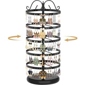 MODOWEY Rotating Earring Holder Organizer Stand, 5 Tier Metal Tree Display for Women Vendors, 220 Holes Adjustable Jewelry rack for Stud Hoop Dangle Storage, Trendy Carousel Keeps Dresser Neat, Black