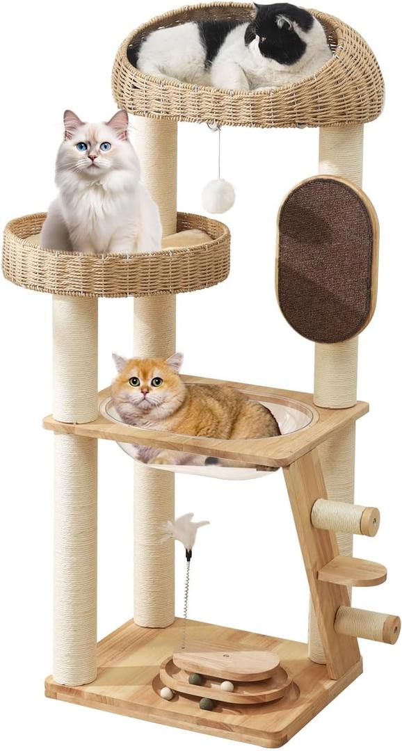 Modern Cat Tree, Cat TreeTower with Space Capsule, Hand-Woven Basket Nest, Sisal Posts & Scratching Board, 50 Inch Heavy-Duty Multi-Level Indoor Wood Tower