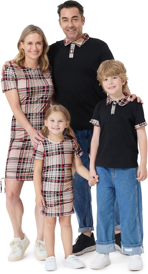 PATPAT Matching Family Outfits Mom and Me Matching Outfits Short Sleeve Round Neck Midi Shirt Dress (Black, M)