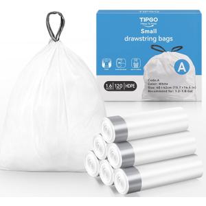 TIPGO Small Trash Bags Drawstring 1.6 Gallon, Pre-Cut Mini Garbage Bags for 1.2-1.8 Gallon Trash Bins, 120 Count (Code A)