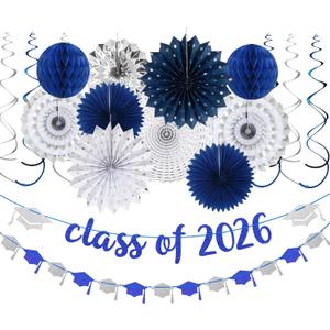 Navy-Blue Silver Party-Decorations Graduation Banner-Streamers - 18pcs Kits Class of 2026 Garland, Paper Tissue Pom Poms Fan, Honeycomb Lanterns Congrate Grad Congratulations Decor Panduola