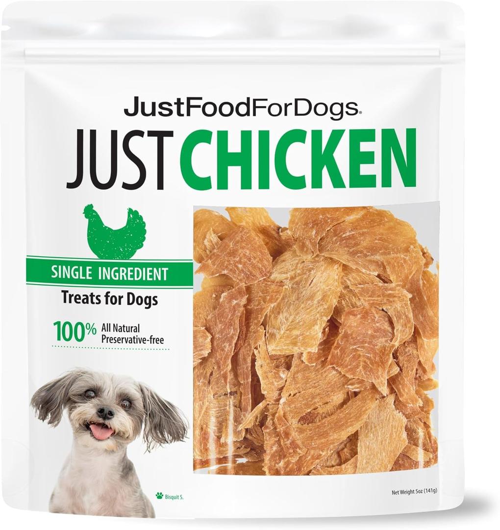 Just Food for Dogs Single Ingredient Healthy Dog Treats and Dog Snacks, Jerky Treats, Human Grade, Preservative and Grain Free, Rawhide Free Chews, Low Calorie Treat - Chicken Breast, 5 oz (EXP 11/21/27)